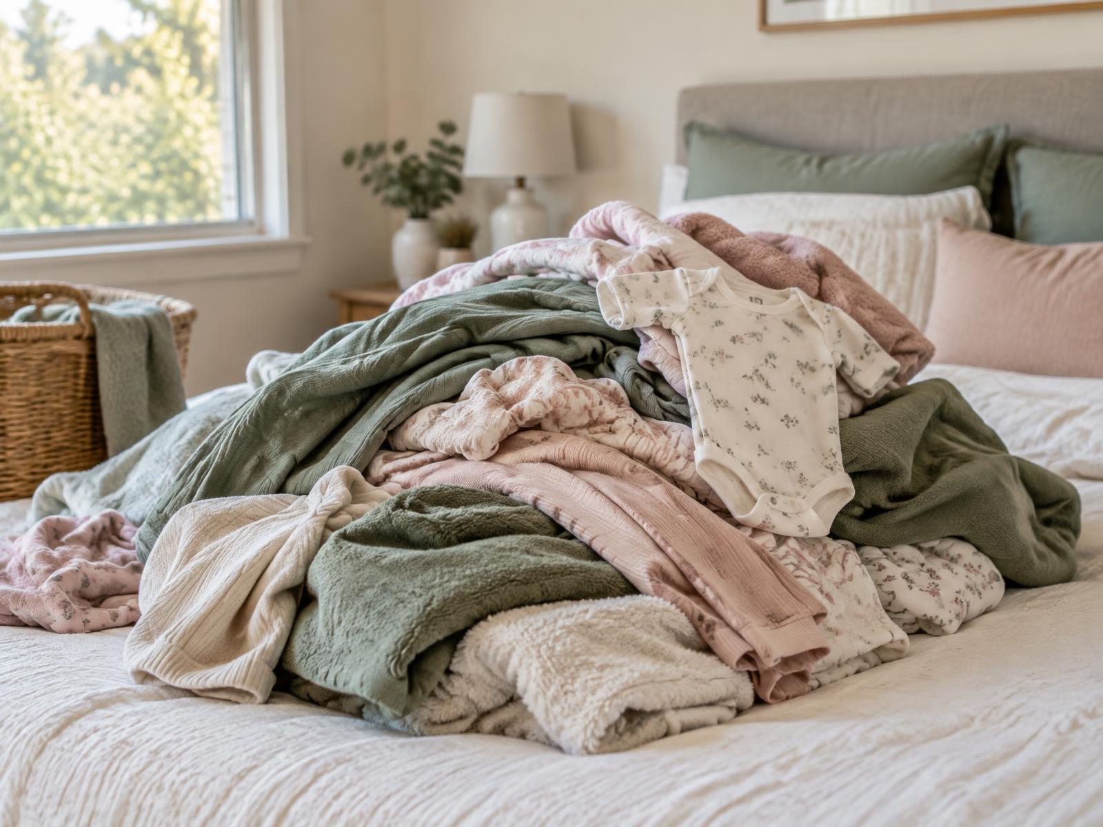 A soft pile of clean laundry in muted green, cream and blush tones on a bed